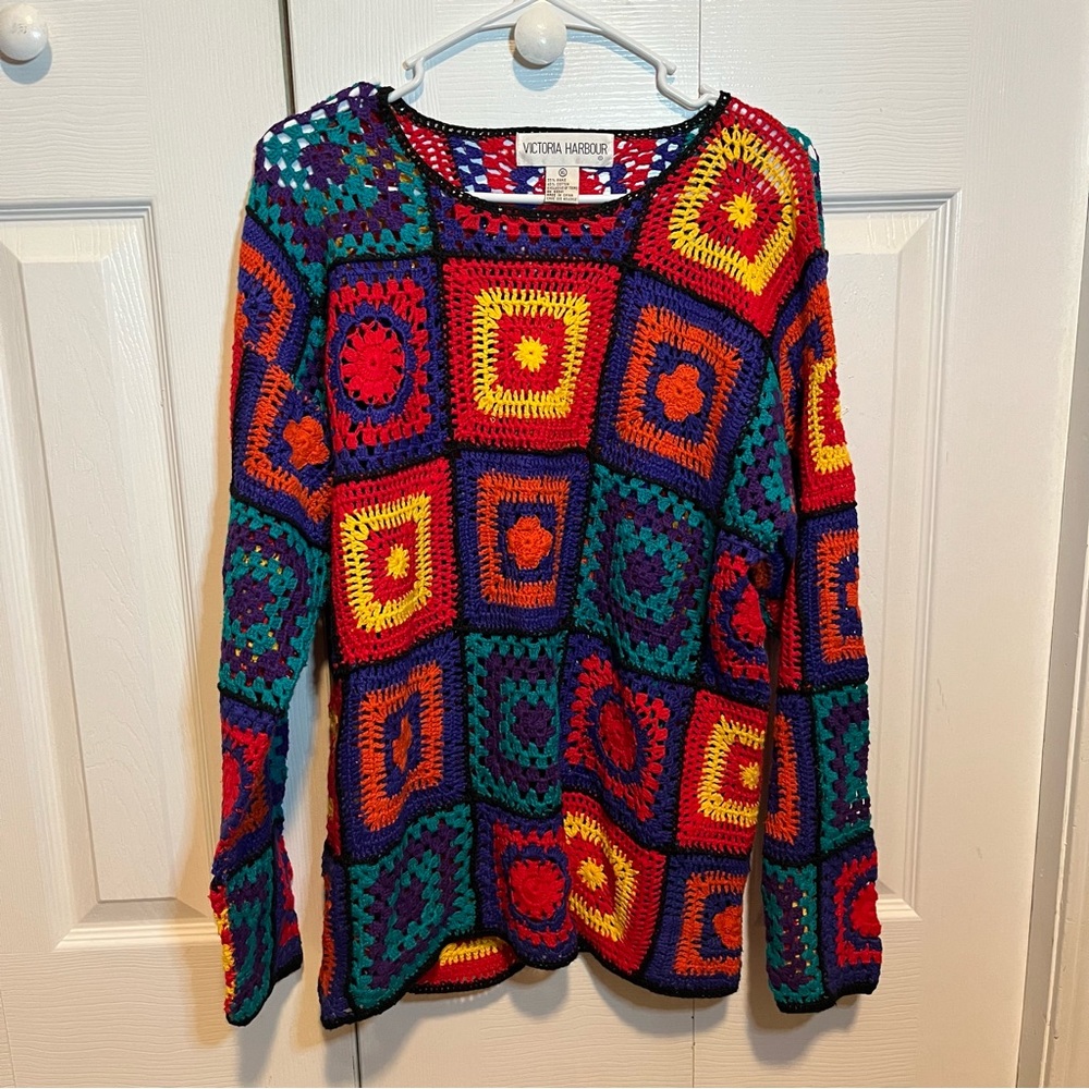 Granny square Crochet sweater Grannycore Vintage size Xl rainbow